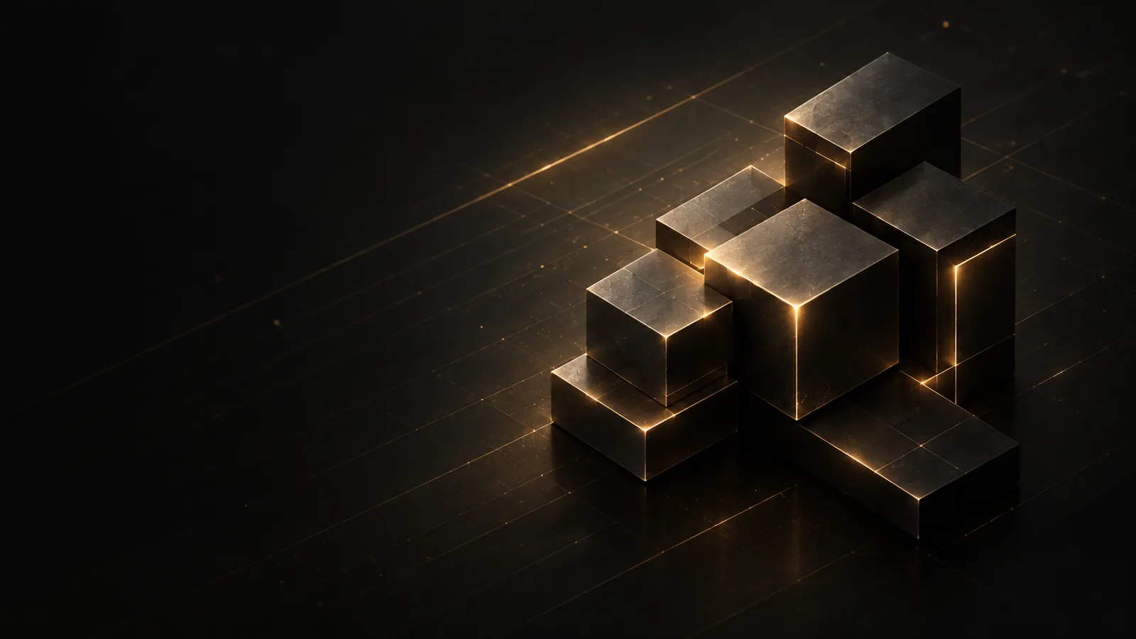 Interlocking dark metallic blocks lit with gold edges, the connected system behind a business website.