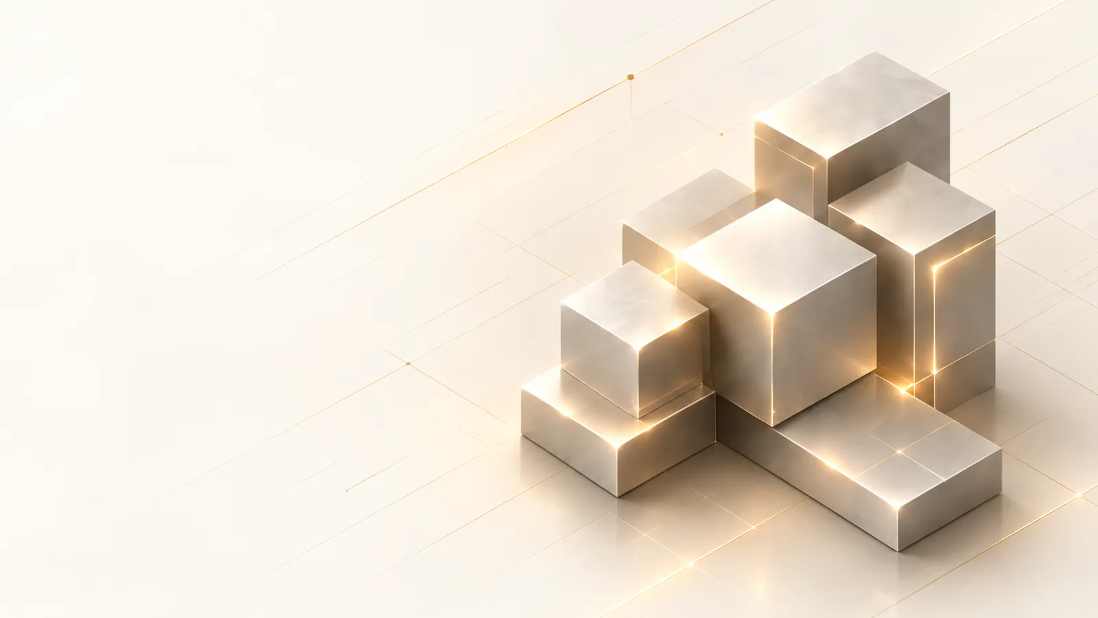 Interlocking pale metallic blocks lit with gold edges, the connected system behind a business website.