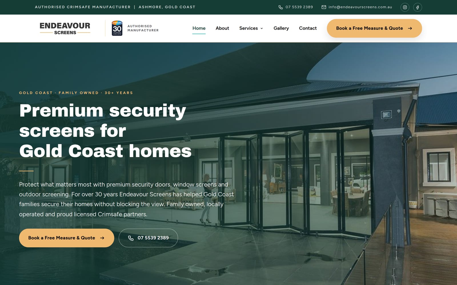 The Endeavour Screens home page, showing a Crimsafe screened patio and a Book a Free Measure and Quote button.