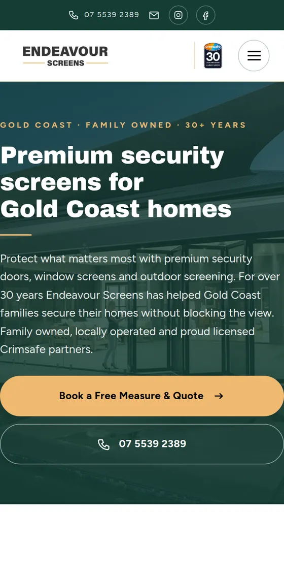 The Endeavour Screens site on a phone, with the quote button and phone number in reach.